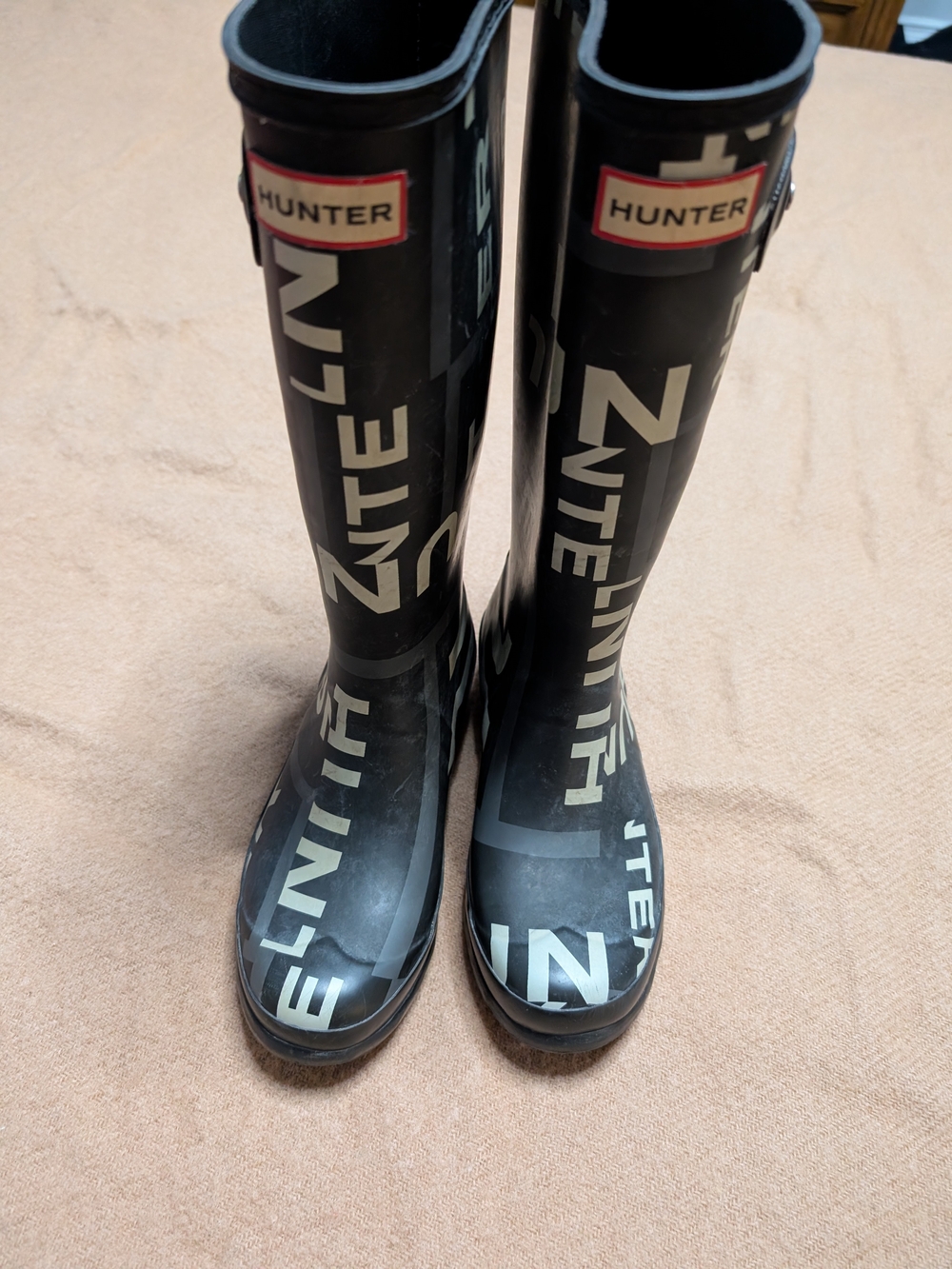 Hunter Black and White Logo Tall Rain Boots